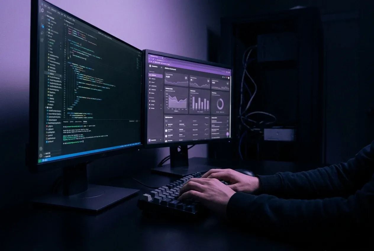 Dva monitory s kódem a firemní aplikací